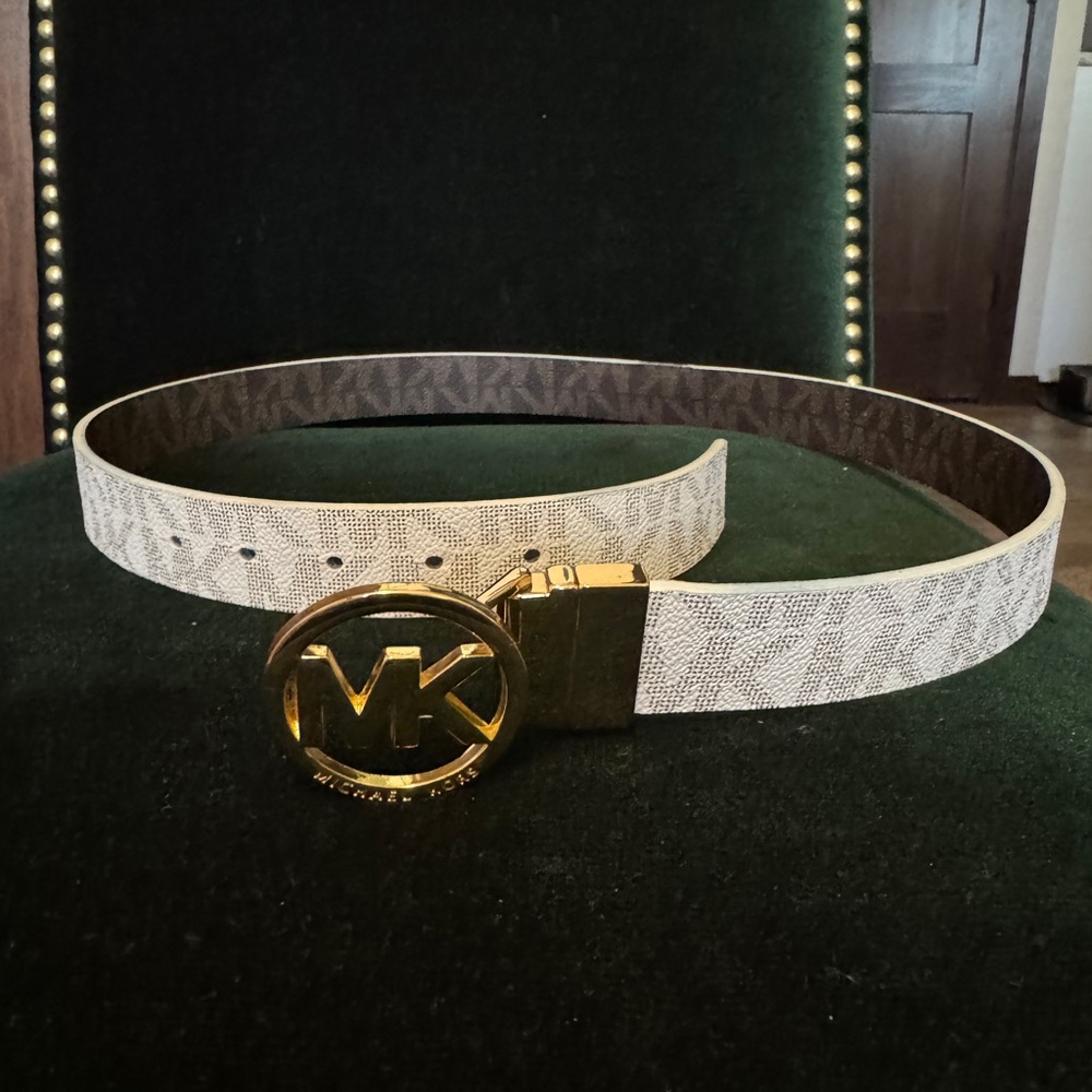Michael Kors Signature Gold and Tan and Brown Reversible Belt